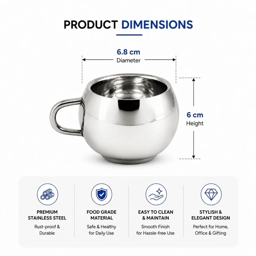 Stainless Steel Tea Cups 120ml Round Polished Steel Cups Set for Home & Gifting