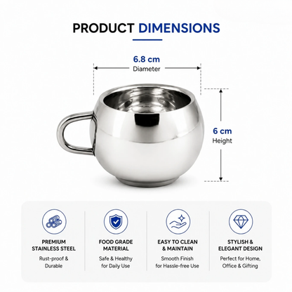 Stainless Steel Tea Cups 120ml Round Polished Steel Cups Set for Home & Gifting