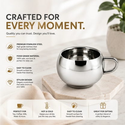 Stainless Steel Tea Cups 120ml Round Polished Steel Cups Set for Home & Gifting