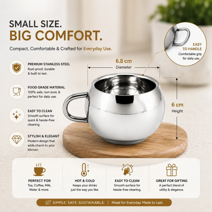 Stainless Steel Tea Cups 120ml Round Polished Steel Cups Set for Home & Gifting