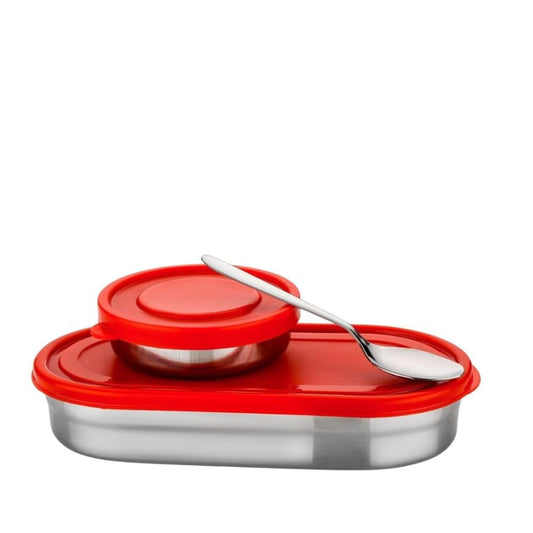Stainless Steel Lunch Box 450 ml with Leakproof Lid & Spoon | Oval Tiffin Box for Kids, Boys, Girls & Women | Durable Steel Lunch Box for School, Office & Travel