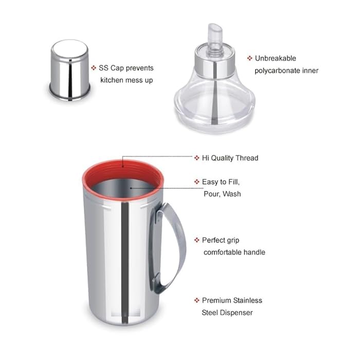 Stainless Steel Oil Dispenser Bottle Spill Proof Food Grade Silver 1000ml