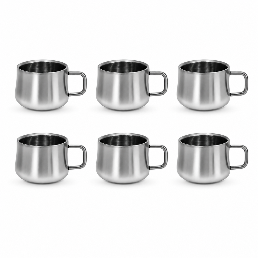 Stainless Steel Tea Cups 120ml Rounded Body with Loop Handle Set