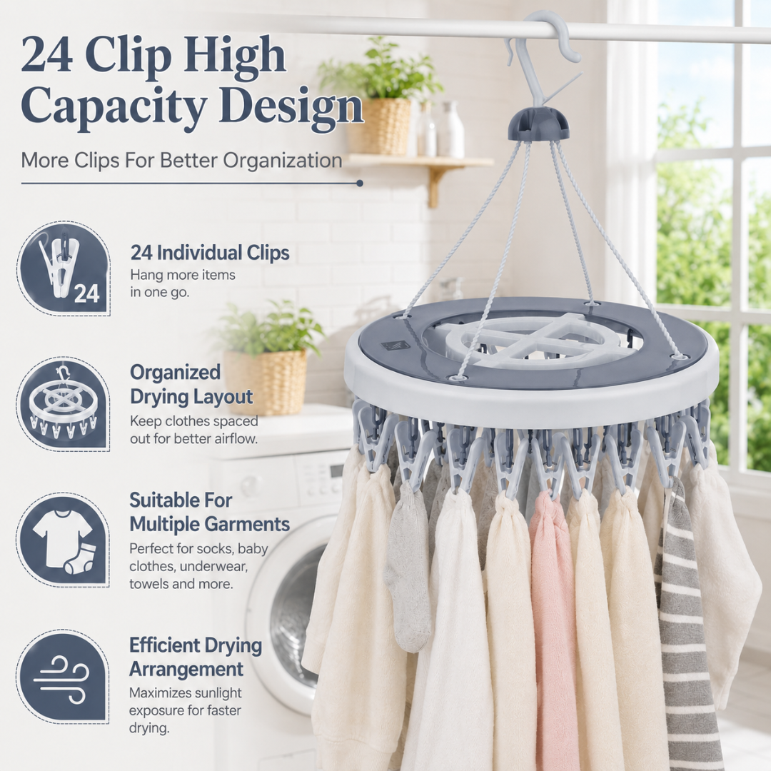 Vinzesta 24 Clip Round Baby Clothes Hanger Plastic Foldable Drying Rack