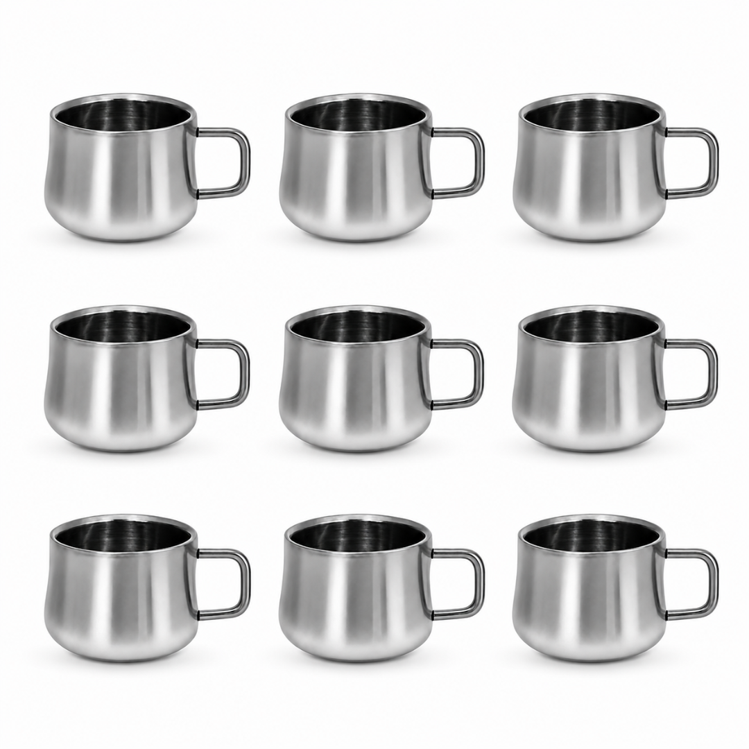 Stainless Steel Tea Cups 120ml Rounded Body with Loop Handle Set