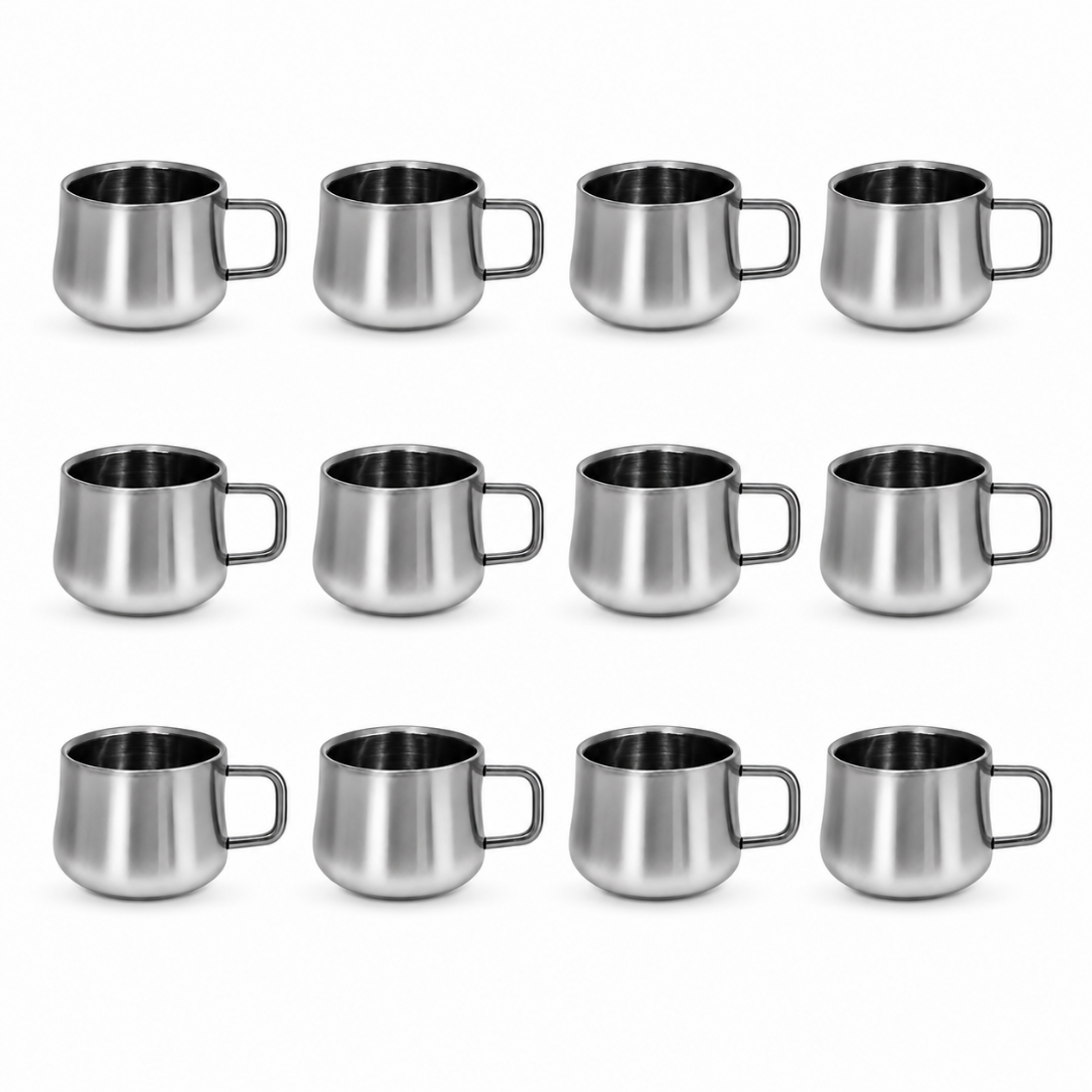 Stainless Steel Tea Cups 120ml Rounded Body with Loop Handle Set