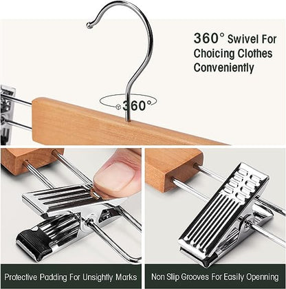 Vinzesta Wooden Pants & Skirts Hangers with Adjustable Clips Pack of 6