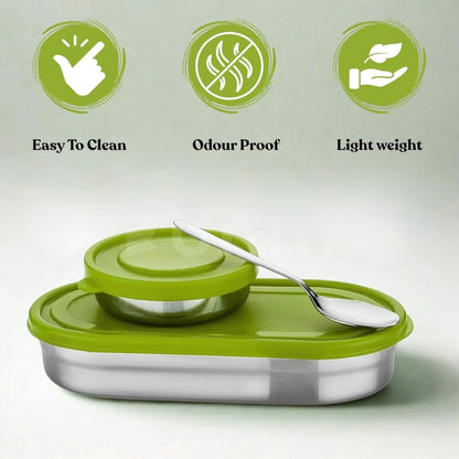 Stainless Steel Lunch Box 450 ml with Leakproof Lid & Spoon | Oval Tiffin Box for Kids, Boys, Girls & Women | Durable Steel Lunch Box for School, Office & Travel