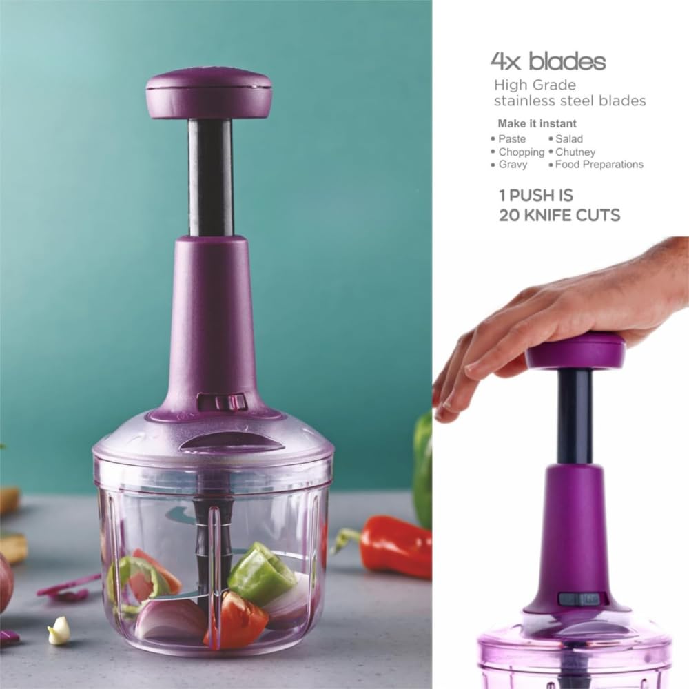 Manual Food Chopper with 4 Stainless Steel Blades | Hand Press Vegetable Cutter for Onion, Tomato, Potato & Salad | Multipurpose Kitchen Chopper (1000 ML)
