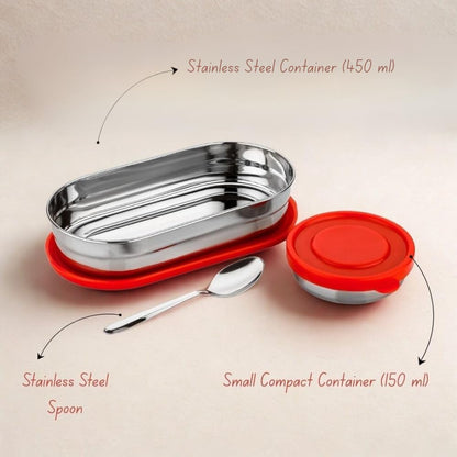 Stainless Steel Lunch Box 450 ml with Leakproof Lid & Spoon | Oval Tiffin Box for Kids, Boys, Girls & Women | Durable Steel Lunch Box for School, Office & Travel