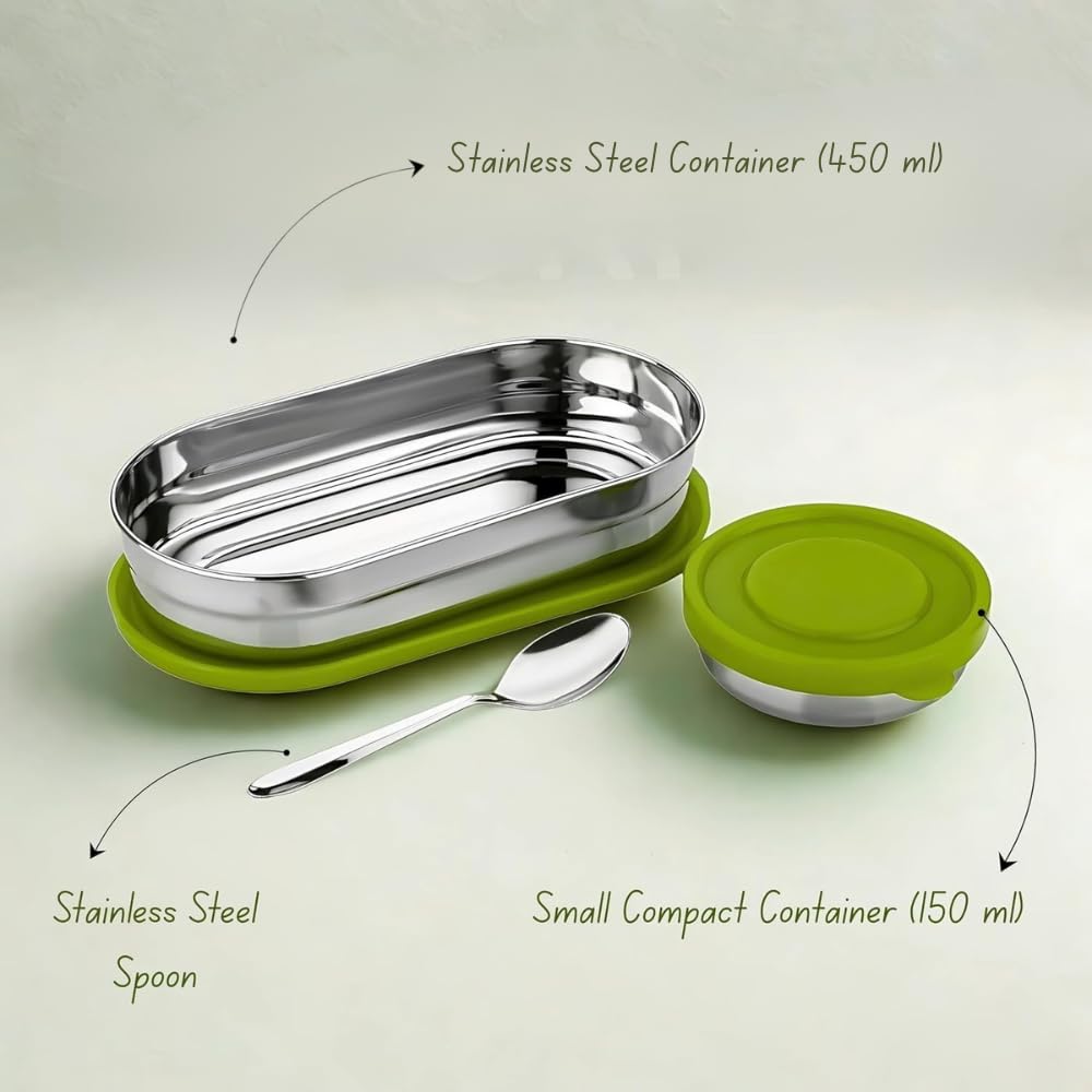 Stainless Steel Lunch Box 450 ml with Leakproof Lid & Spoon | Oval Tiffin Box for Kids, Boys, Girls & Women | Durable Steel Lunch Box for School, Office & Travel