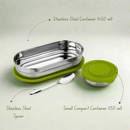 Stainless Steel Lunch Box 450 ml with Leakproof Lid & Spoon | Oval Tiffin Box for Kids, Boys, Girls & Women | Durable Steel Lunch Box for School, Office & Travel
