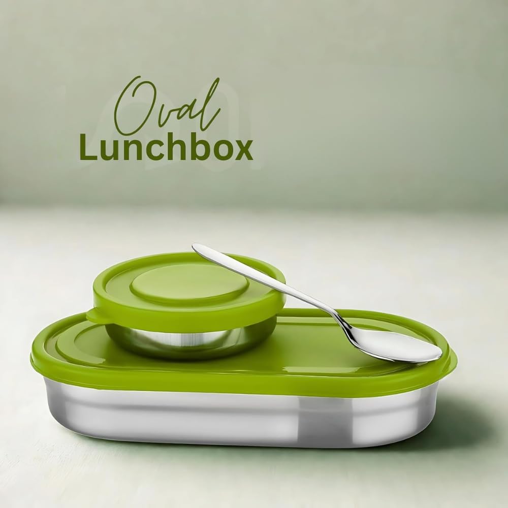 Stainless Steel Lunch Box 450 ml with Leakproof Lid & Spoon | Oval Tiffin Box for Kids, Boys, Girls & Women | Durable Steel Lunch Box for School, Office & Travel