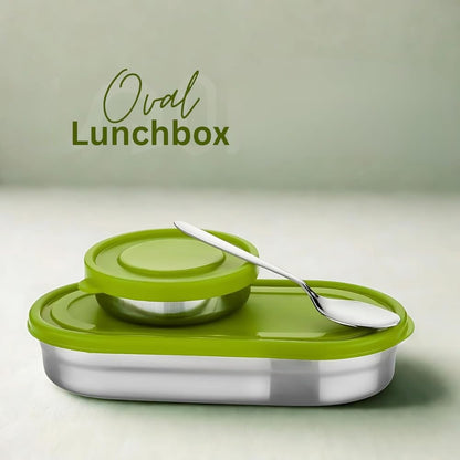 Stainless Steel Lunch Box 450 ml with Leakproof Lid & Spoon | Oval Tiffin Box for Kids, Boys, Girls & Women | Durable Steel Lunch Box for School, Office & Travel