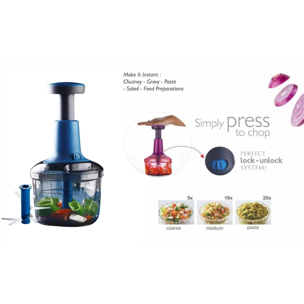 Manual Food Chopper with 4 Stainless Steel Blades | Hand Press Vegetable Cutter for Onion, Tomato, Potato & Salad | Multipurpose Kitchen Chopper (1000 ML)