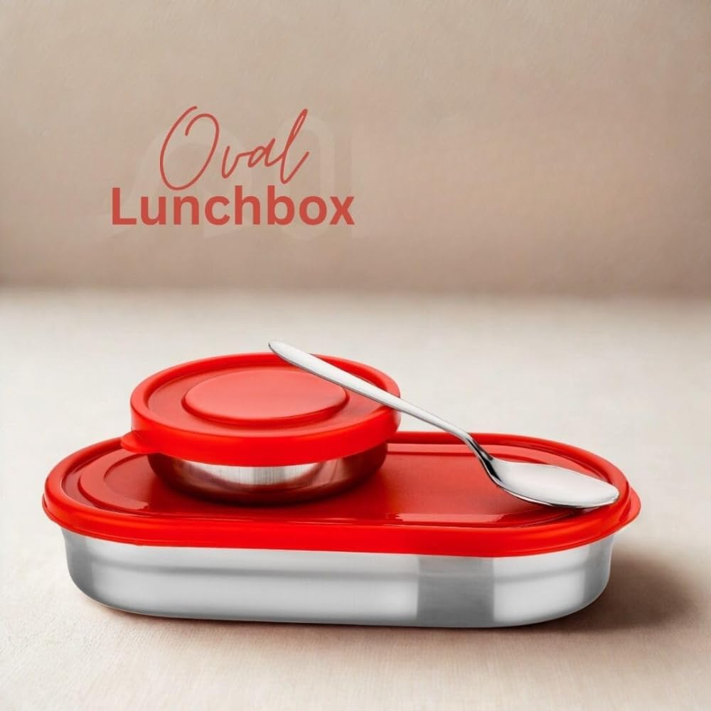 Stainless Steel Lunch Box 450 ml with Leakproof Lid & Spoon | Oval Tiffin Box for Kids, Boys, Girls & Women | Durable Steel Lunch Box for School, Office & Travel