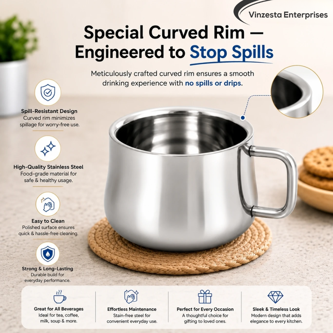 Stainless Steel Tea Cups 120ml Rounded Body with Loop Handle Set