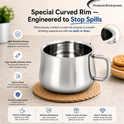 Stainless Steel Tea Cups 120ml Rounded Body with Loop Handle Set