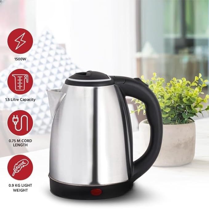 Stainless Steel Electric Kettle, 1500W Fast Boiling, Silver and Black (2 L)