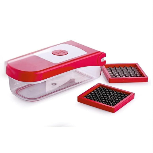 2 in 1 Plastic Vegetable and Fruit Chopper Cutter, Red, with 2 Interchangeable Blades and Collection Container