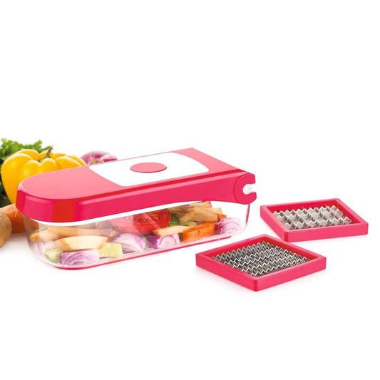 2 in 1 Plastic Vegetable and Fruit Chopper Cutter, Red, with 2 Interchangeable Blades and Collection Container