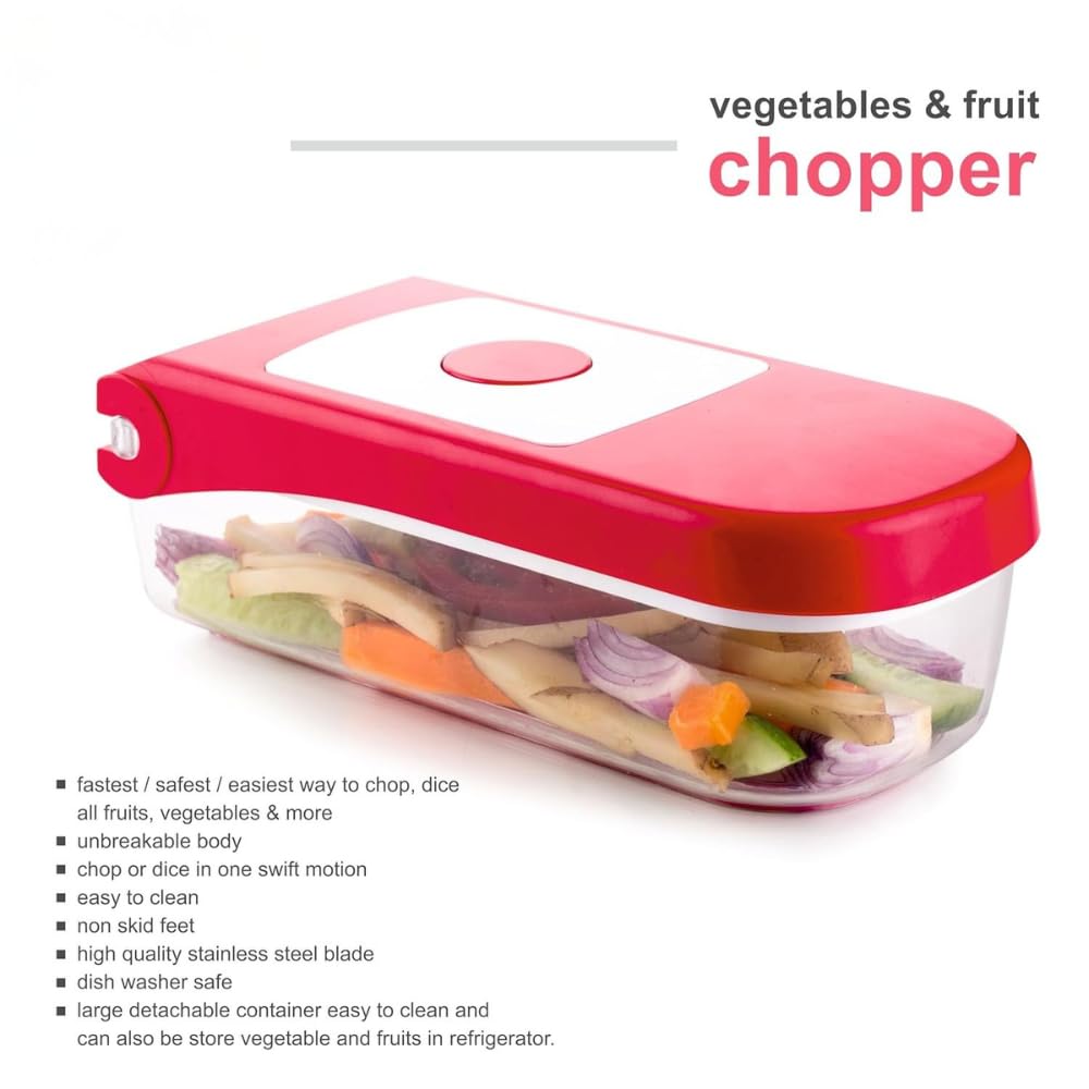2 in 1 Plastic Vegetable and Fruit Chopper Cutter, Red, with 2 Interchangeable Blades and Collection Container