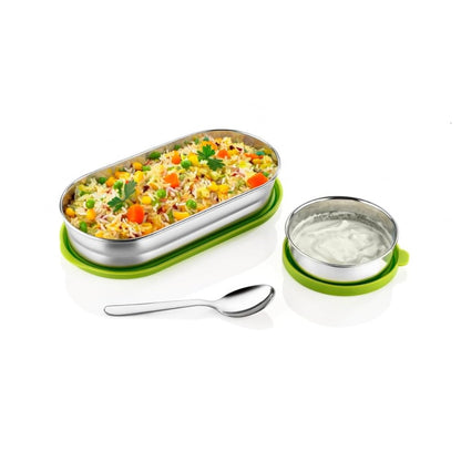 Stainless Steel Lunch Box 450 ml with Leakproof Lid & Spoon | Oval Tiffin Box for Kids, Boys, Girls & Women | Durable Steel Lunch Box for School, Office & Travel