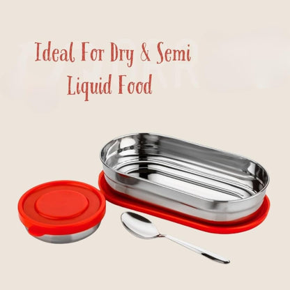 Stainless Steel Lunch Box 450 ml with Leakproof Lid & Spoon | Oval Tiffin Box for Kids, Boys, Girls & Women | Durable Steel Lunch Box for School, Office & Travel