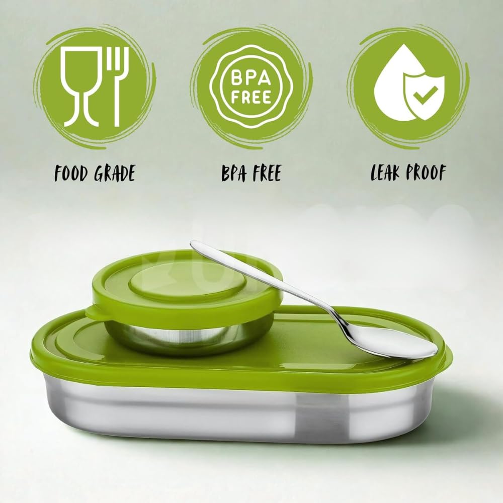 Stainless Steel Lunch Box 450 ml with Leakproof Lid & Spoon | Oval Tiffin Box for Kids, Boys, Girls & Women | Durable Steel Lunch Box for School, Office & Travel