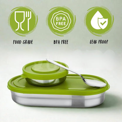 Stainless Steel Lunch Box 450 ml with Leakproof Lid & Spoon | Oval Tiffin Box for Kids, Boys, Girls & Women | Durable Steel Lunch Box for School, Office & Travel