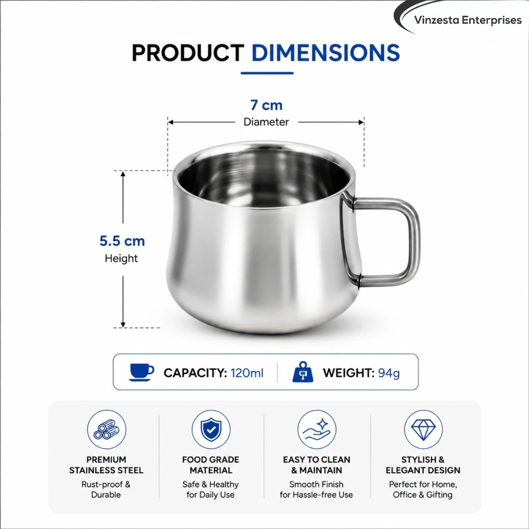 Stainless Steel Tea Cups 120ml Rounded Body with Loop Handle Set