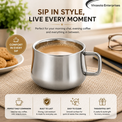 Stainless Steel Tea Cups 120ml Rounded Body with Loop Handle Set