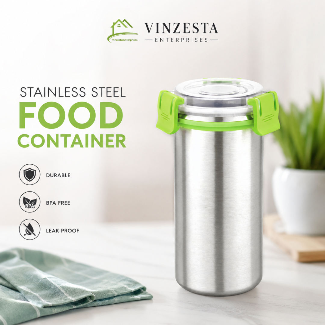 Stainless Steel Food Container 500ml with Airtight Leak-Resistant Lid, Green Locking Clips