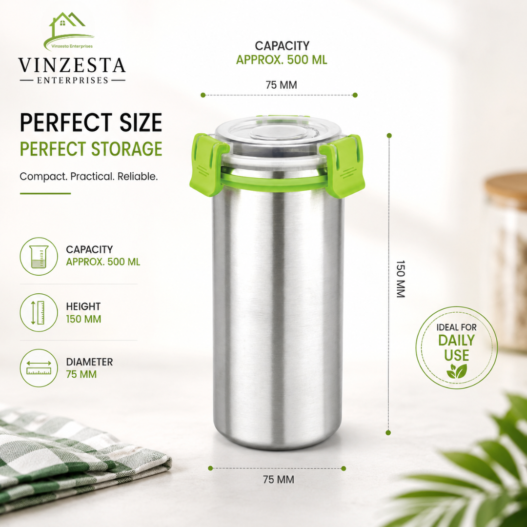 Stainless Steel Food Container 500ml with Airtight Leak-Resistant Lid, Green Locking Clips