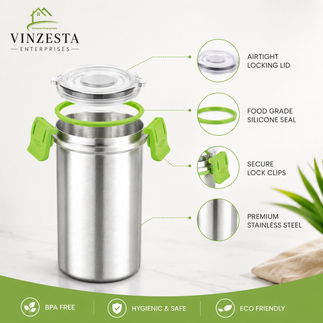 Stainless Steel Food Container 500ml with Airtight Leak-Resistant Lid, Green Locking Clips