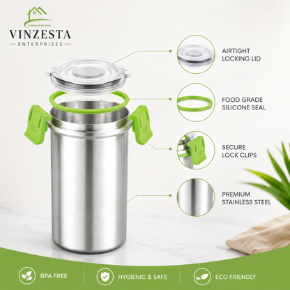 Stainless Steel Food Container 500ml with Airtight Leak-Resistant Lid, Green Locking Clips