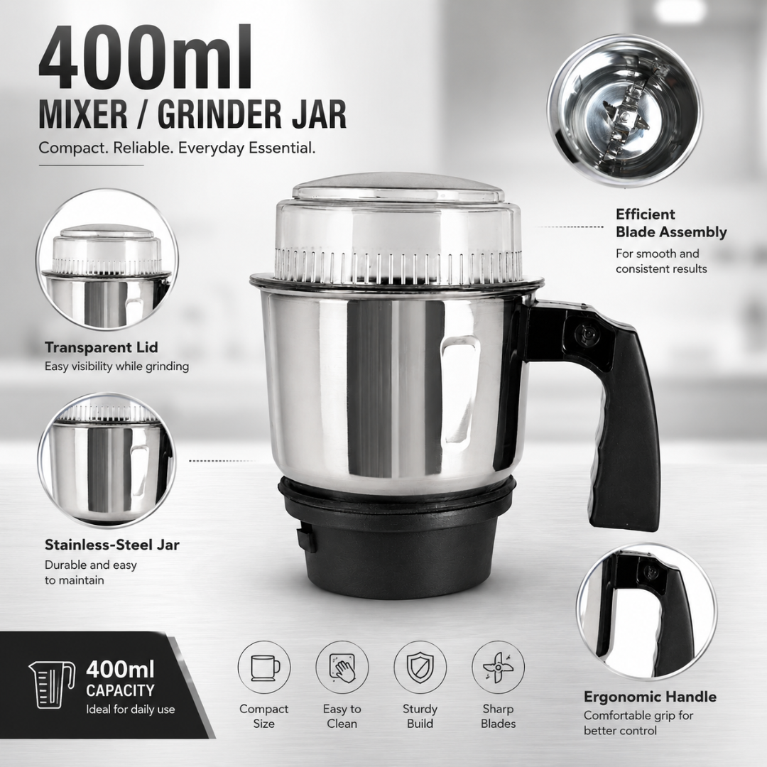 Stainless Steel Mixer Grinder Jar Combo 400ml with Handle & 600ml Without Handle
