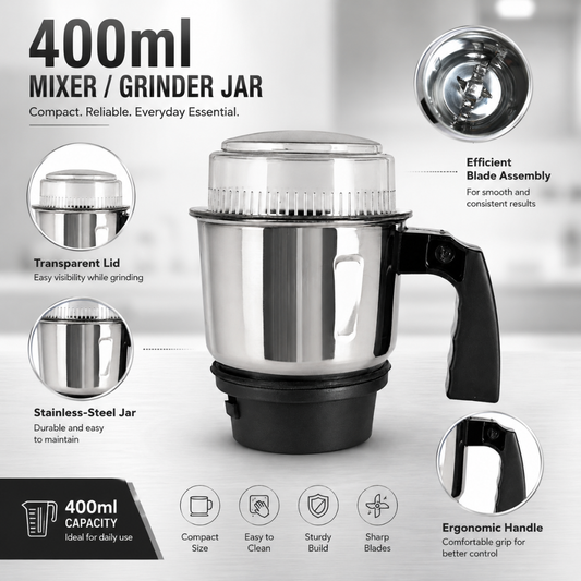 Stainless Steel Mixer Grinder Jar Combo 400ml with Handle & 600ml Without Handle