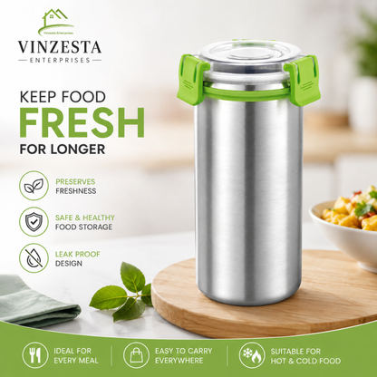 Stainless Steel Food Container 500ml with Airtight Leak-Resistant Lid, Green Locking Clips
