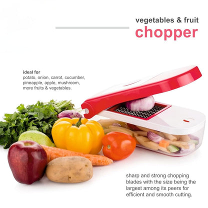 2 in 1 Plastic Vegetable and Fruit Chopper Cutter, Red, with 2 Interchangeable Blades and Collection Container