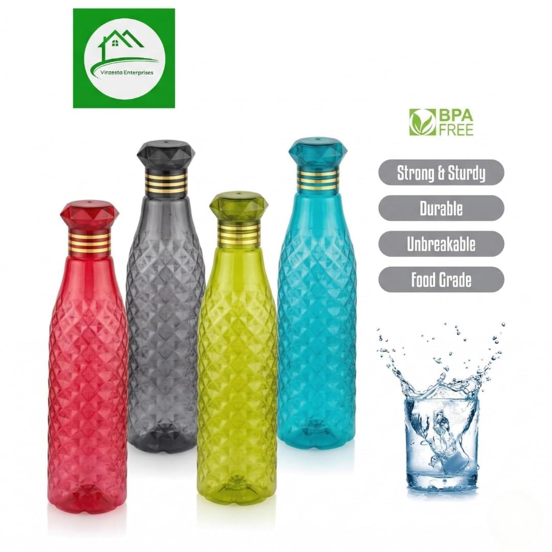 Diamond Style Plastic Water Bottle, BPA Free, Airtight, 1 Litre, Pack of 6, Multicolour (Pack of 6)