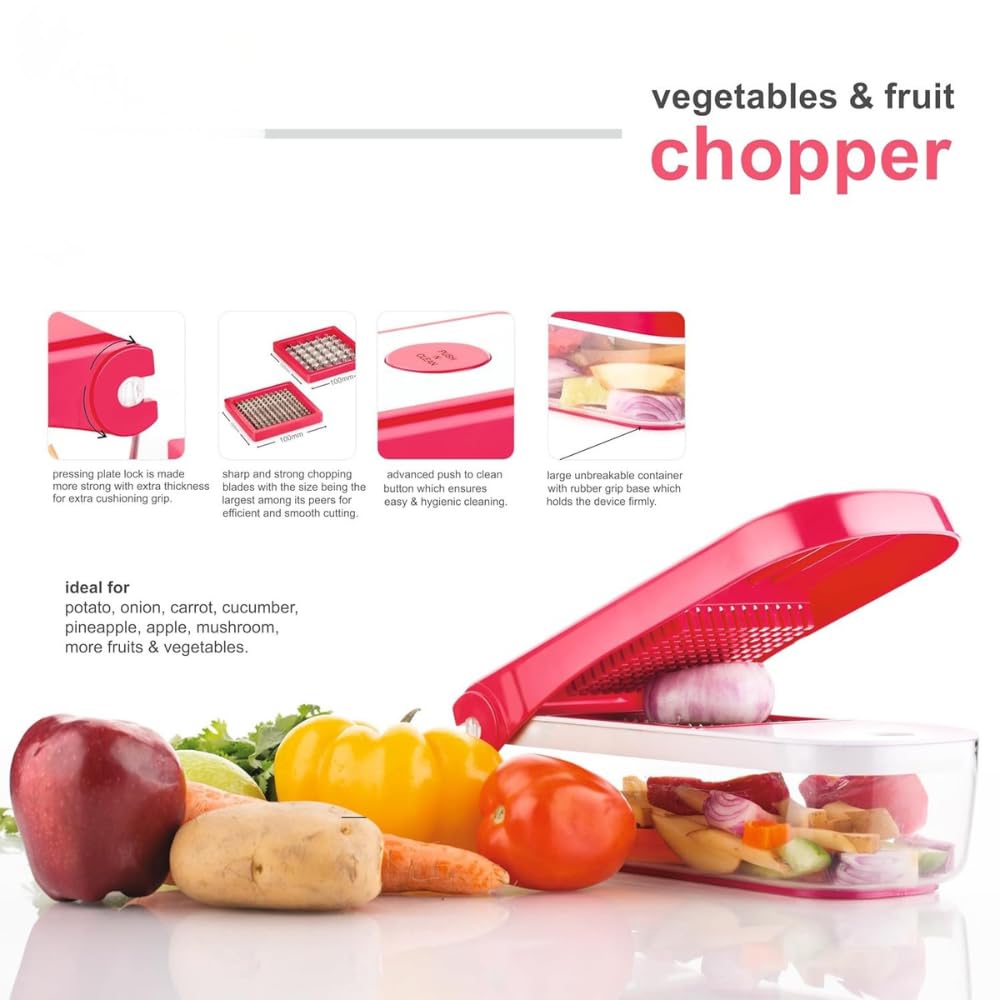 2 in 1 Plastic Vegetable and Fruit Chopper Cutter, Red, with 2 Interchangeable Blades and Collection Container