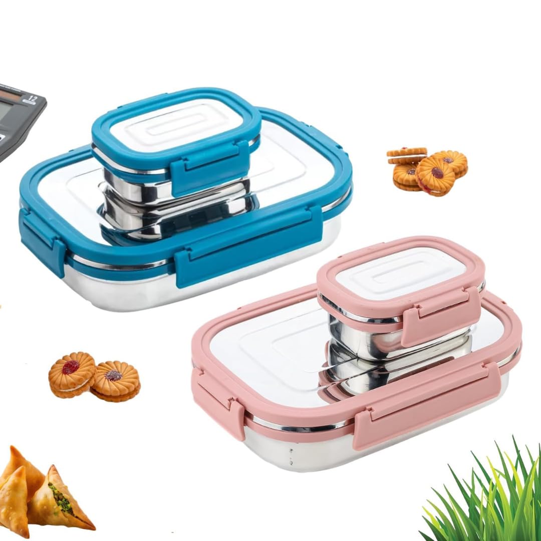 Stainless Steel Leak Proof Lunch Box Pack of 2 Airtight BPA Free Set