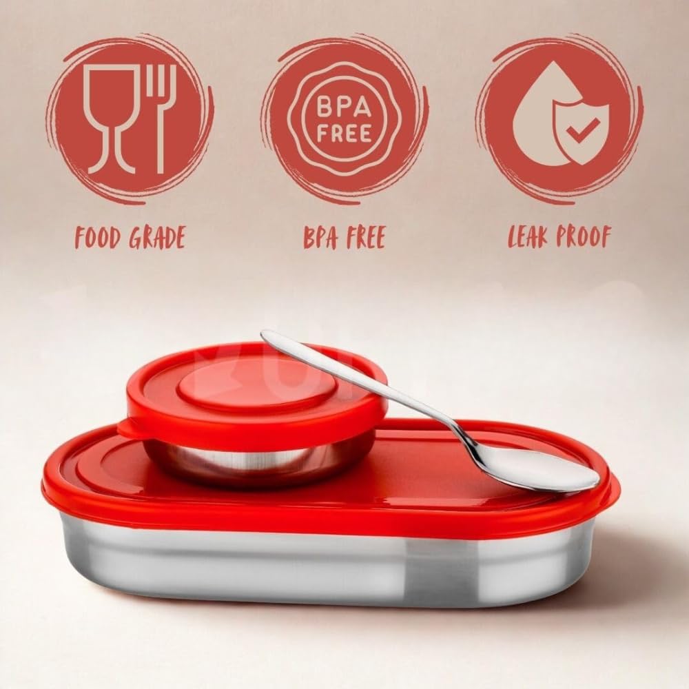 Stainless Steel Lunch Box 450 ml with Leakproof Lid & Spoon | Oval Tiffin Box for Kids, Boys, Girls & Women | Durable Steel Lunch Box for School, Office & Travel