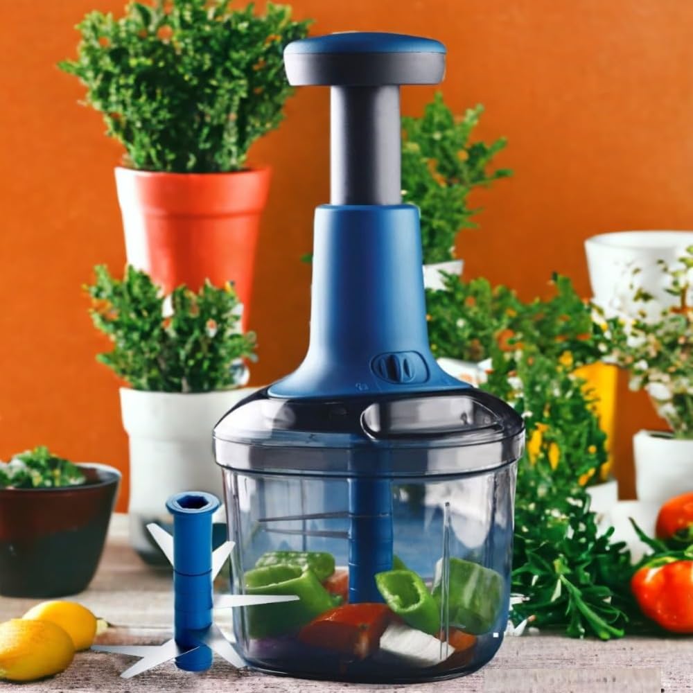 Manual Food Chopper with 4 Stainless Steel Blades | Hand Press Vegetable Cutter for Onion, Tomato, Potato & Salad | Multipurpose Kitchen Chopper (1000 ML)