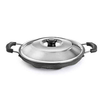 Vinzesta 12 Cavity Non-Stick Appam Patra with Lid & Dual Handles Black