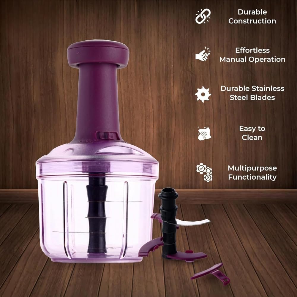 Manual Food Chopper with 4 Stainless Steel Blades | Hand Press Vegetable Cutter for Onion, Tomato, Potato & Salad | Multipurpose Kitchen Chopper (1000 ML)