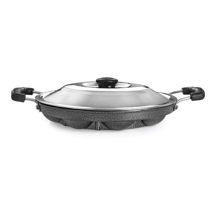Vinzesta 12 Cavity Non-Stick Appam Patra with Lid & Dual Handles Black