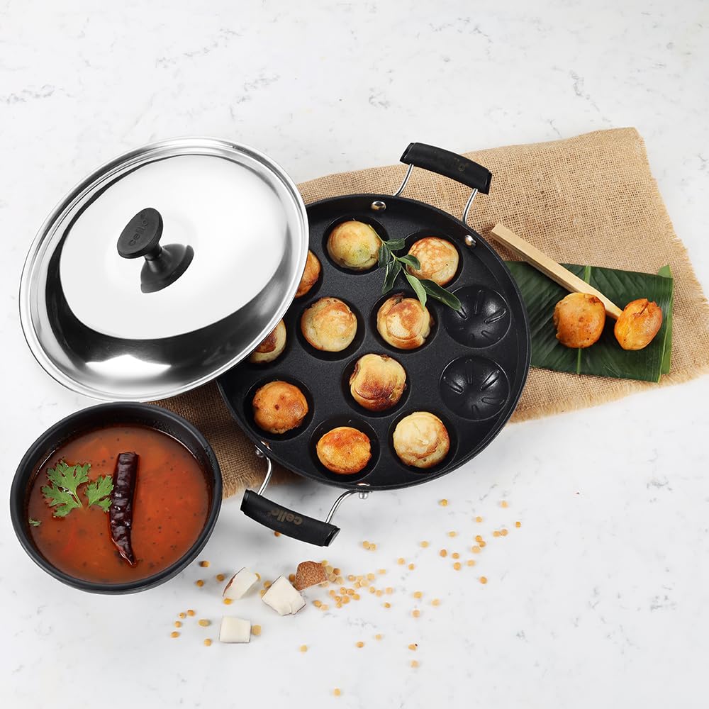 Vinzesta 12 Cavity Non-Stick Appam Patra with Lid & Dual Handles Black
