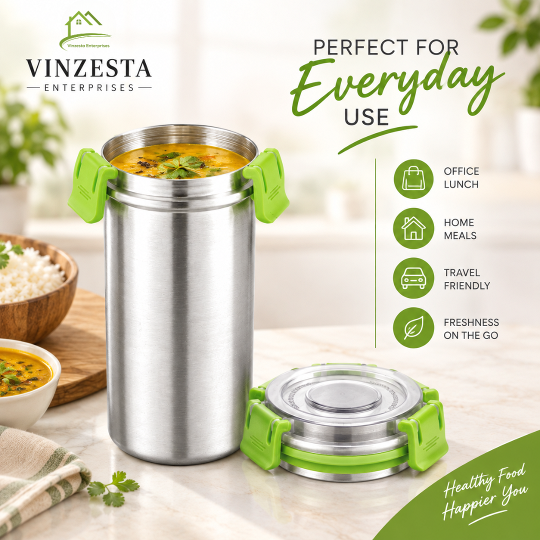 Stainless Steel Food Container 500ml with Airtight Leak-Resistant Lid, Green Locking Clips